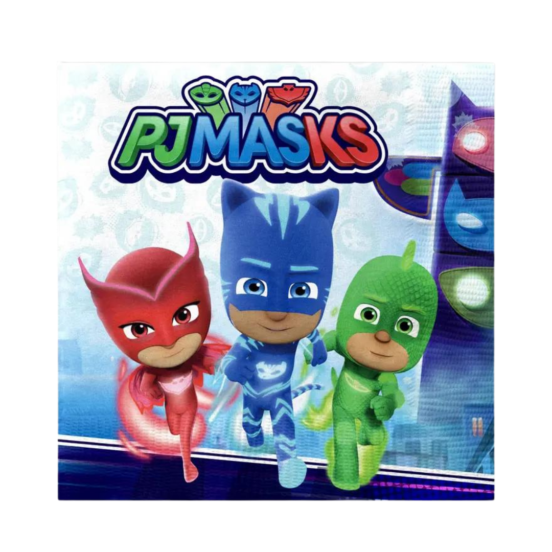 colorful PJ Masks napkin with cartoon heroes and logo kids birthday theme from Parte Haus party supply store in Bethesda MD