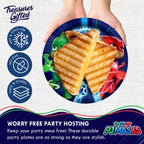 Blue red PJ Masks plate with grilled cheese sandwich birthday theme from Parte Haus party supply store in Bethesda MD