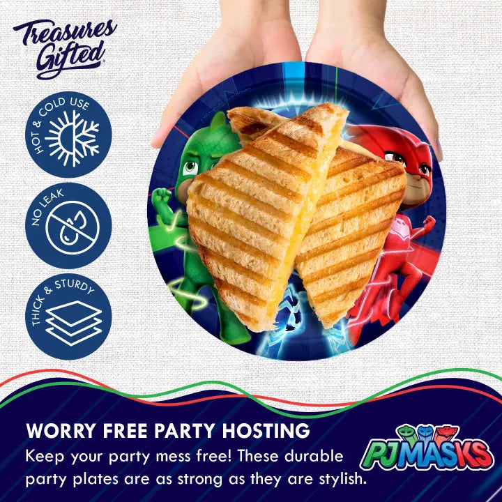 Blue red PJ Masks plate with grilled cheese sandwich birthday theme from Parte Haus party supply store in Bethesda MD