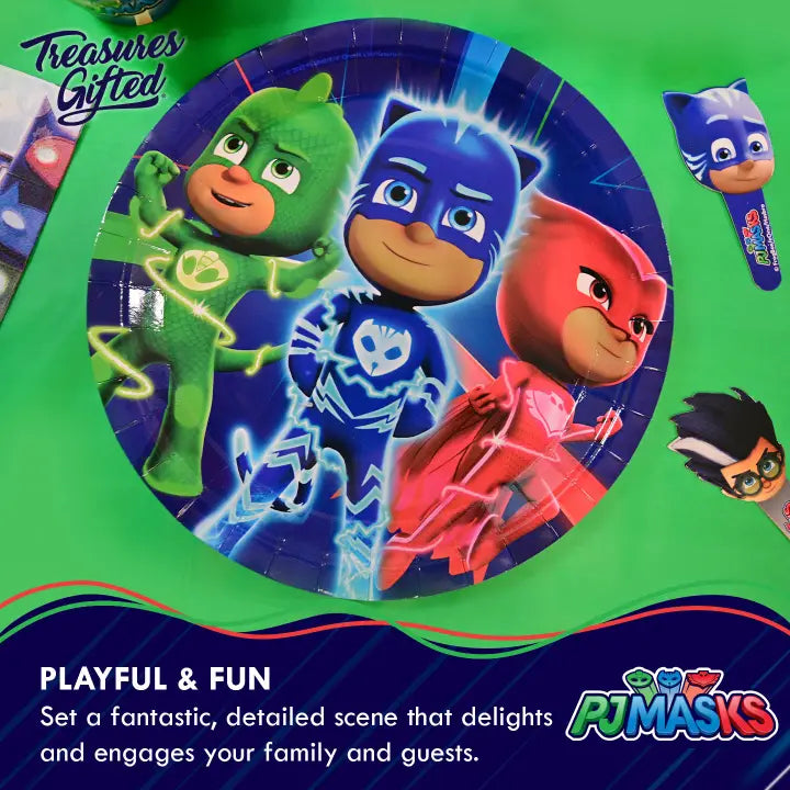 Colorful PJ Masks themed paper plate with character designs birthday from Parte Haus party supply store in Bethesda MD.