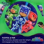 Colorful PJ Masks themed paper plate with character designs birthday from Parte Haus party supply store in Bethesda MD.