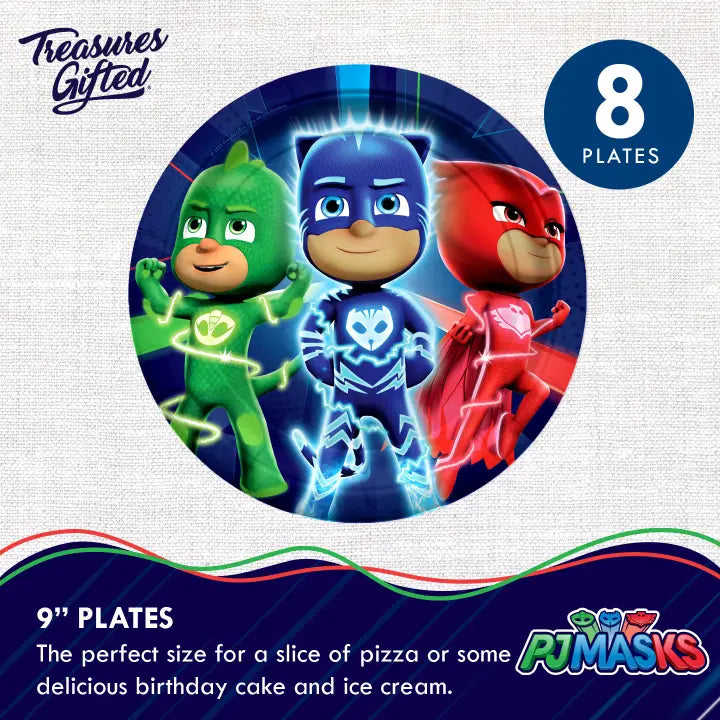 Blue green and red PJ Masks kids birthday plate featuring heroes from Parte Haus party supply store in Bethesda MD