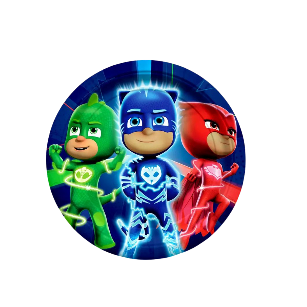 Blue green and red PJ Masks plate with cartoon characters for kids birthday from Parte Haus party supply store in Bethesda MD