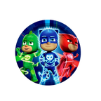 Blue green and red PJ Masks plate with cartoon characters for kids birthday from Parte Haus party supply store in Bethesda MD