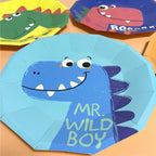 Blue dinosaur paper plate with cartoon design for kids birthday from Parte Haus party supply store in Bethesda MD