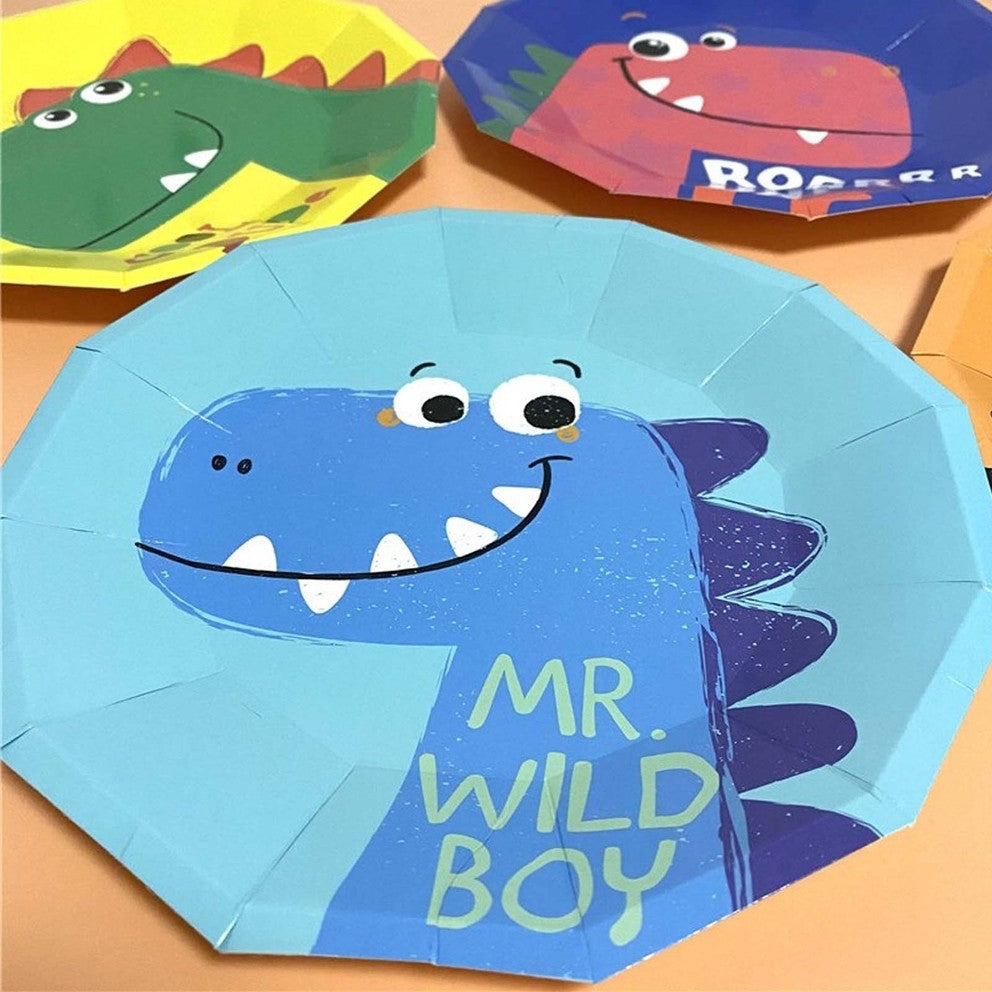 Blue dinosaur paper plate with cartoon design for kids birthday from Parte Haus party supply store in Bethesda MD