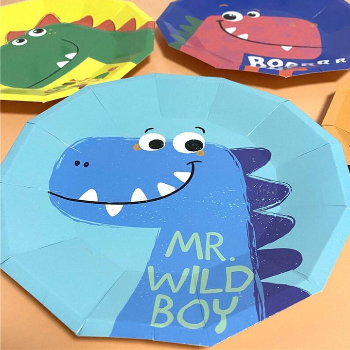 Multicolored Dinosaur Decagon Large Dinner Plates