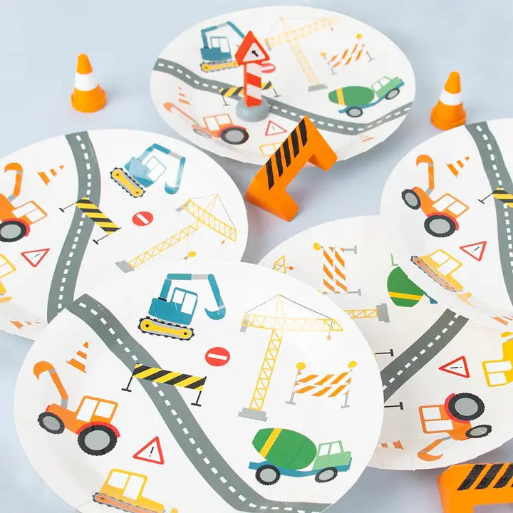 Multicolor construction site plates with trucks and cranes birthday theme from Parte Haus party supply store in Bethesda Maryland