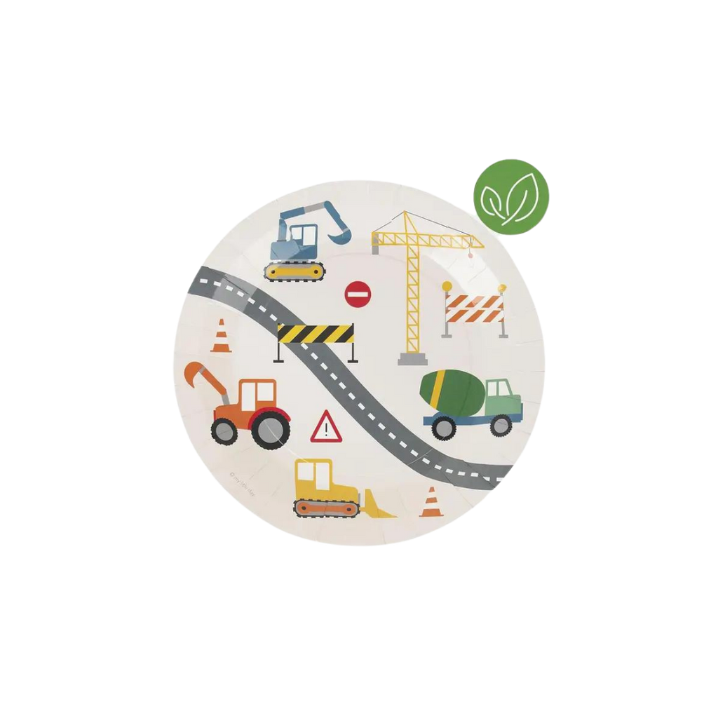 multicolor construction site paper plate with trucks and cranes birthday theme from Parte Haus party supply store in Bethesda MD