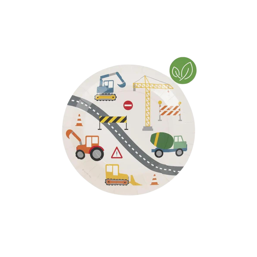 multicolor construction site paper plate with trucks and cranes birthday theme from Parte Haus party supply store in Bethesda MD