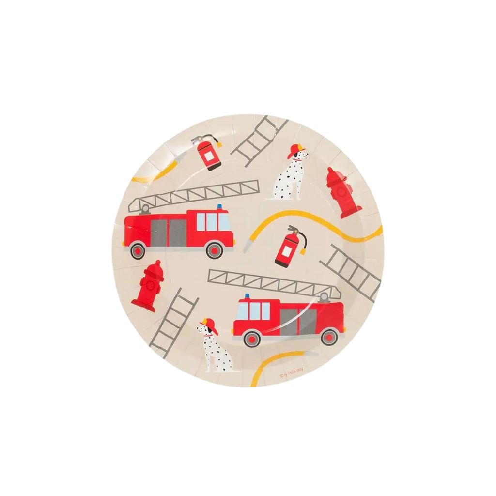 Beige firefighter plate with red fire trucks dalmatians and hydrants for kids birthday from Parte Haus party supply store in Bethesda MD