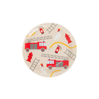Beige firefighter plate with red fire trucks dalmatians and hydrants for kids birthday from Parte Haus party supply store in Bethesda MD