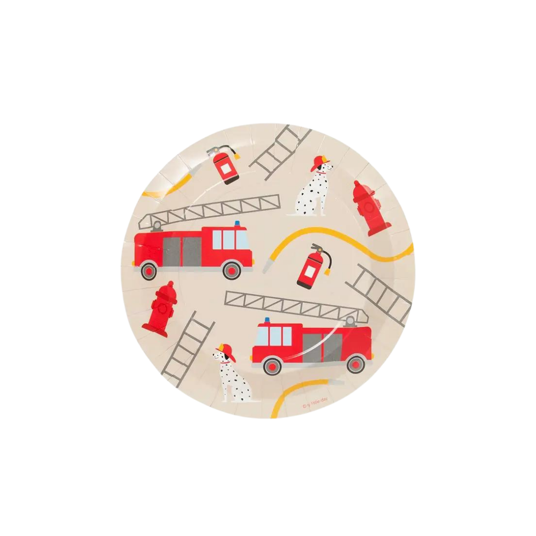 Beige firefighter plate with red fire trucks dalmatians and hydrants for kids birthday from Parte Haus party supply store in Bethesda MD