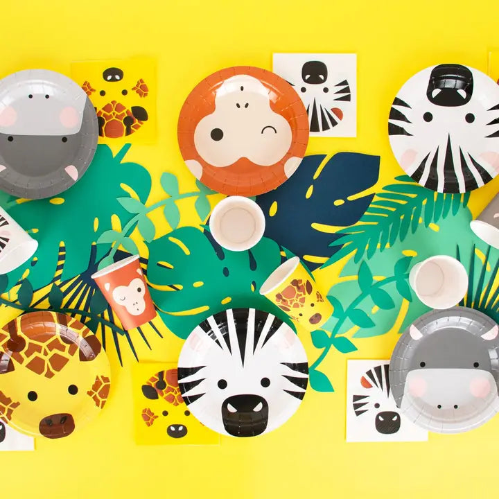 Colorful safari animal plates cups and napkins for kids birthday from Parte Haus party supply store in Bethesda MD