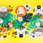 Colorful safari animal plates cups and napkins for kids birthday from Parte Haus party supply store in Bethesda MD