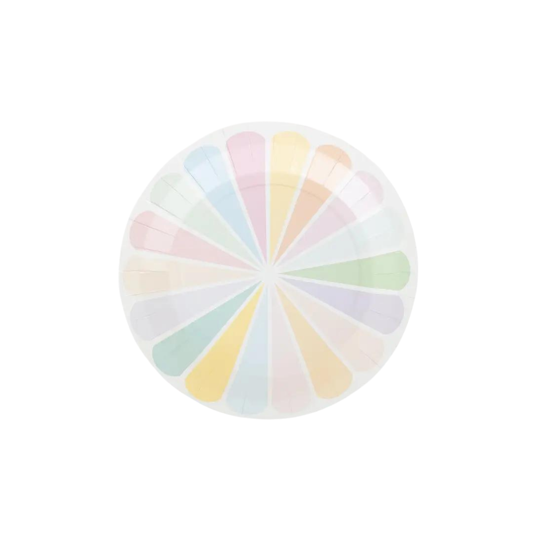 Pastel color plate with radial stripes perfect for birthday or baby shower from Parte Haus party supply store in Bethesda MD
