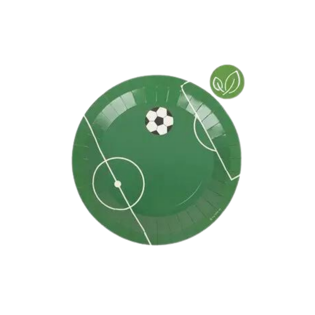 Green soccer plate with field and ball design for sports birthday from Parte Haus party supply store in Bethesda MD