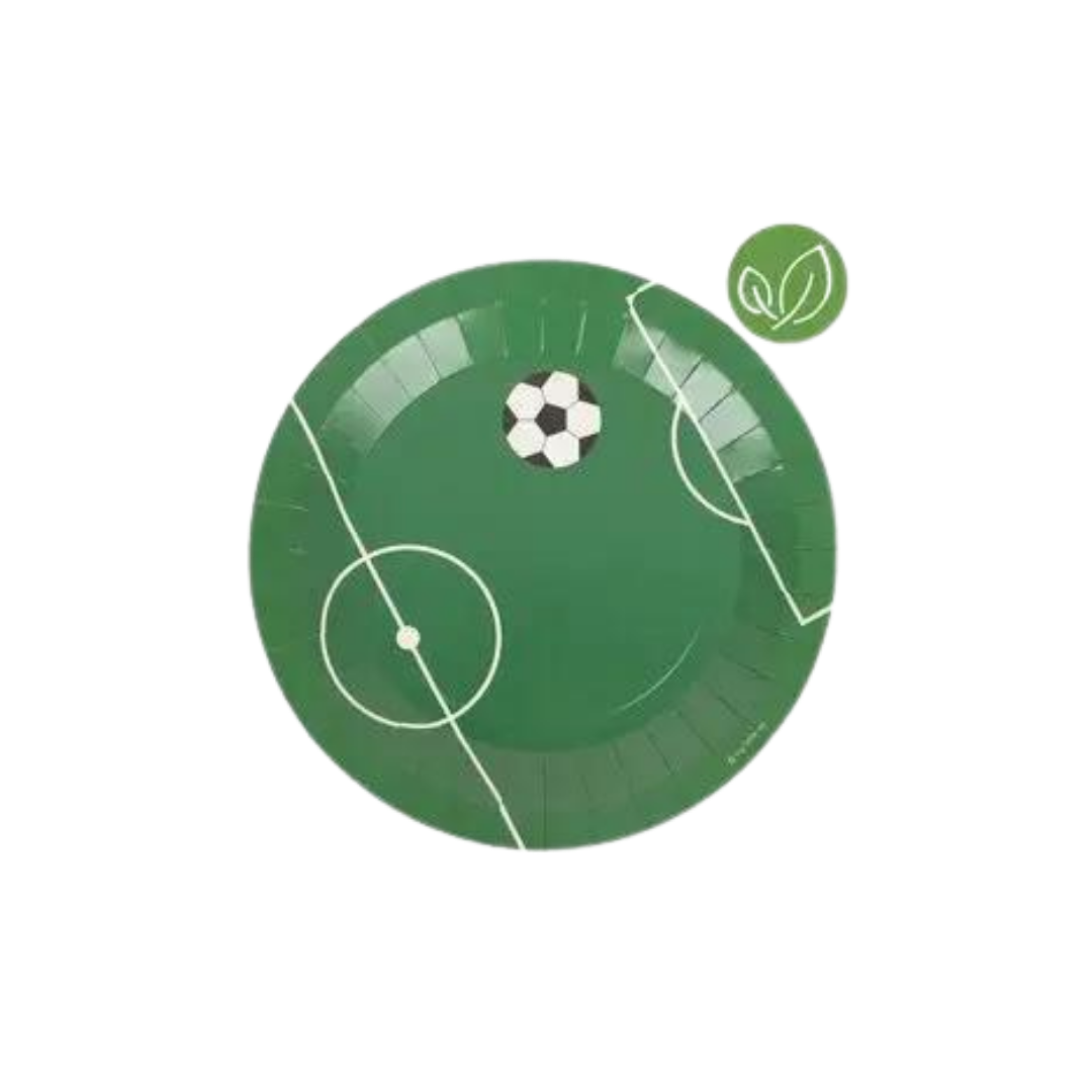 Green soccer plate with field and ball design for sports birthday from Parte Haus party supply store in Bethesda MD