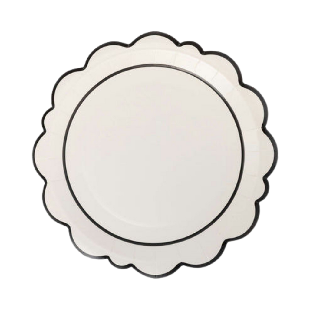 White with Black Trim Scalloped Large  Dinner Plate