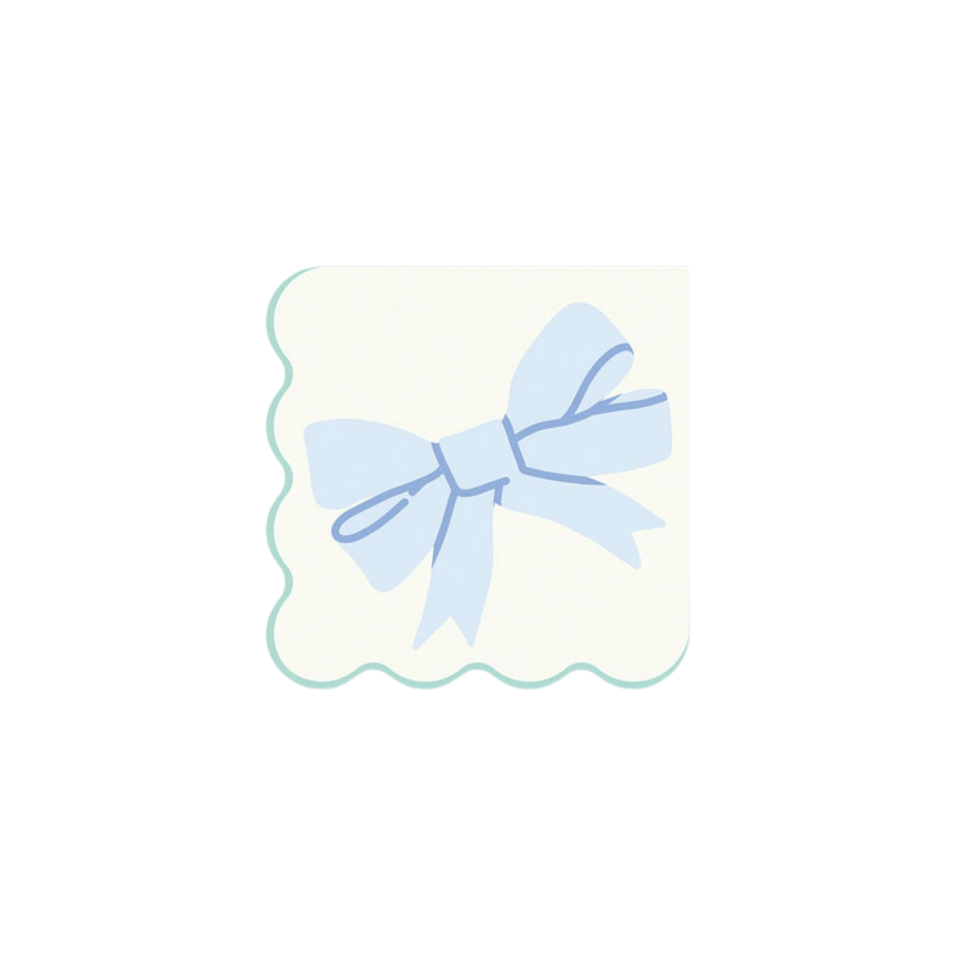 White and Blue Bow Scalloped Cocktail Napkin