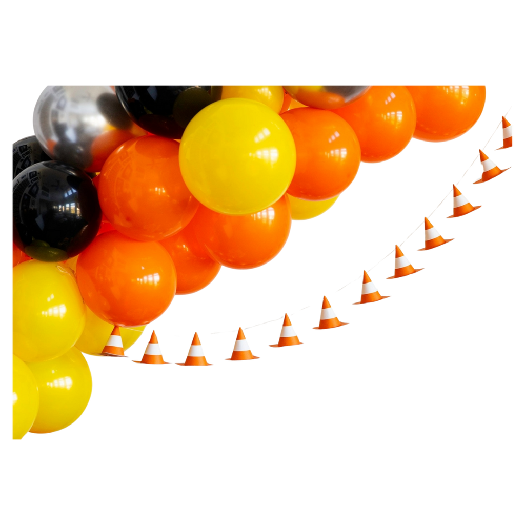 Orange yellow and black balloon garland with mini traffic cone banner construction theme from Parte Haus party supply store in Bethesda Maryland