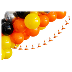 Orange yellow and black balloon garland with mini traffic cone banner construction theme from Parte Haus party supply store in Bethesda Maryland