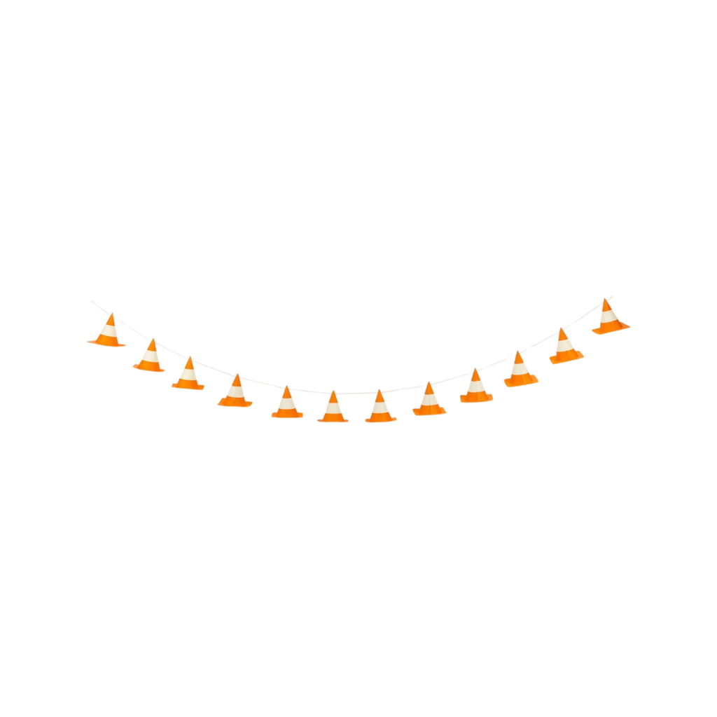 Orange construction cone garland banner construction themed decor from Parte Haus party supply store in Bethesda MD.