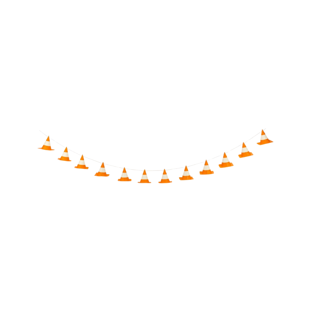 Orange construction cone garland banner construction themed decor from Parte Haus party supply store in Bethesda MD.