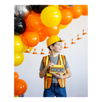 Yellow orange construction theme balloon garland with caution treat zone box for birthday from Parte Haus party supply store in Bethesda MD