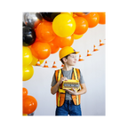 Yellow and orange construction theme balloon arch with child in vest and hat birthday from Parte Haus party supply store in Bethesda Maryland
