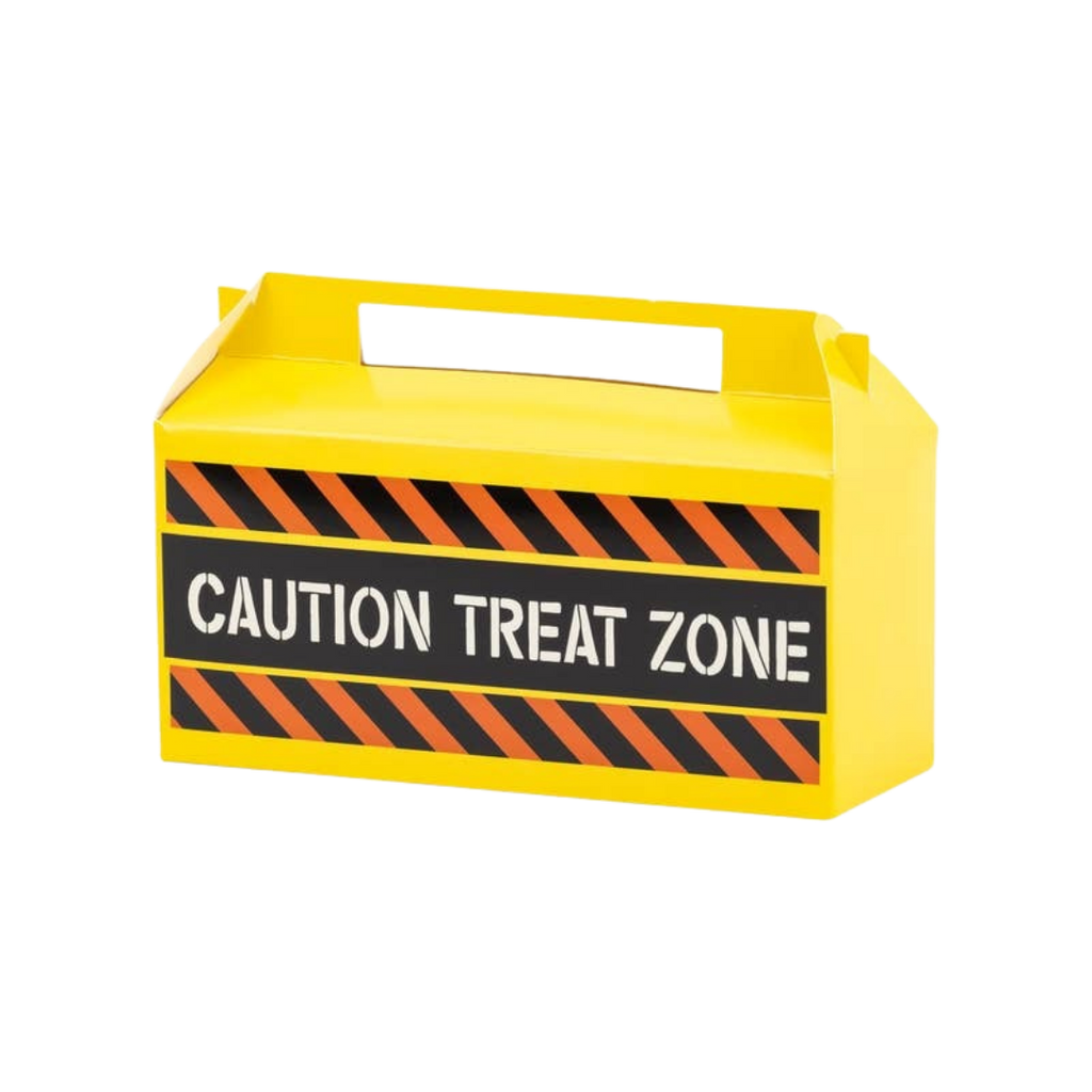 Yellow caution treat zone favor box with handle Halloween theme from Parte Haus party supply store in Bethesda MD
