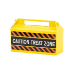 Yellow caution treat zone favor box with handle Halloween theme from Parte Haus party supply store in Bethesda MD