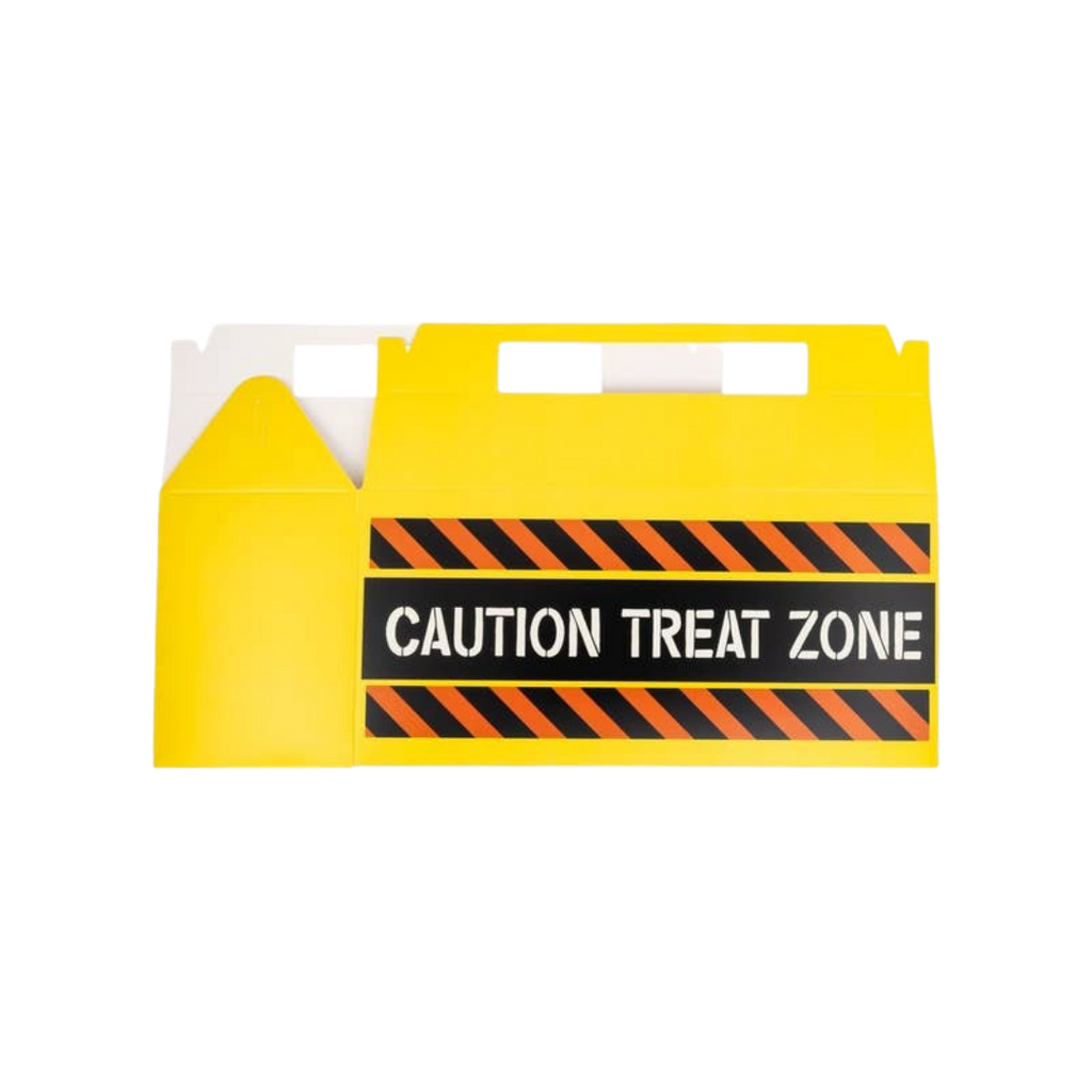 Yellow caution treat box with black orange stripes for construction theme from Parte Haus party supply store in Bethesda MD