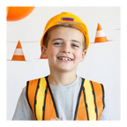 Orange kids construction vest and hard hat with cone banner construction birthday from Parte Haus party supply store in Bethesda Maryland