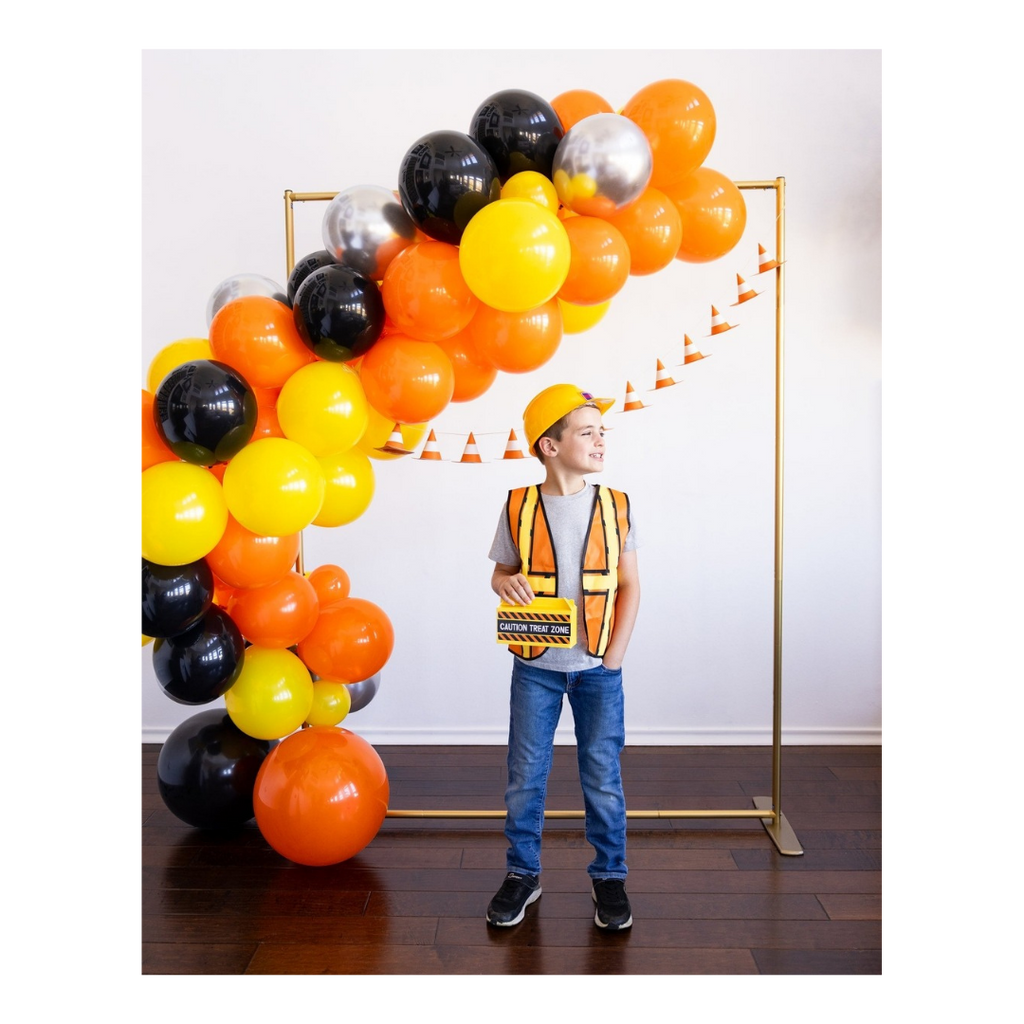 Orange yellow and black construction balloon arch with construction theme from Parte Haus party supply store in Bethesda Maryland