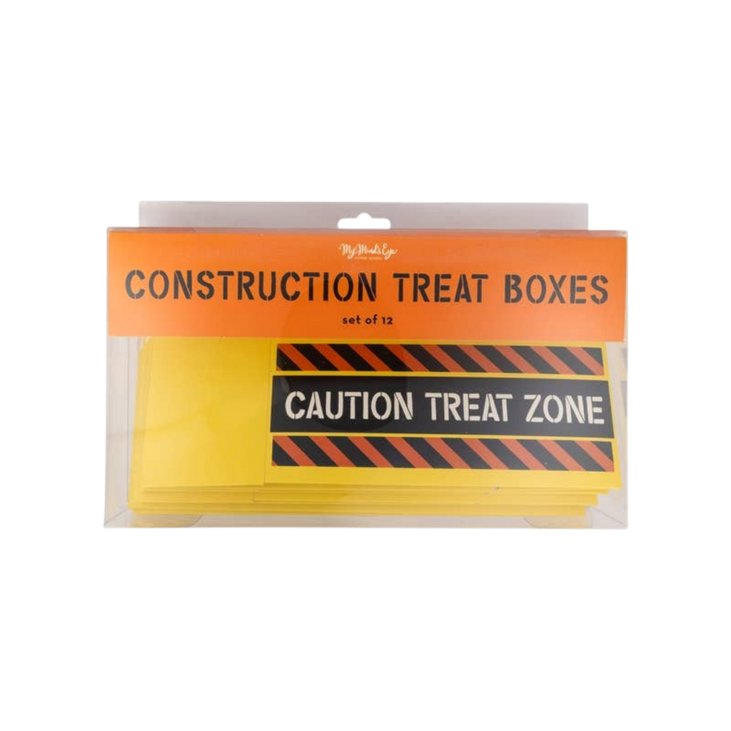 Yellow construction treat boxes with caution sign construction birthday from Parte Haus party supply store in Bethesda Maryland
