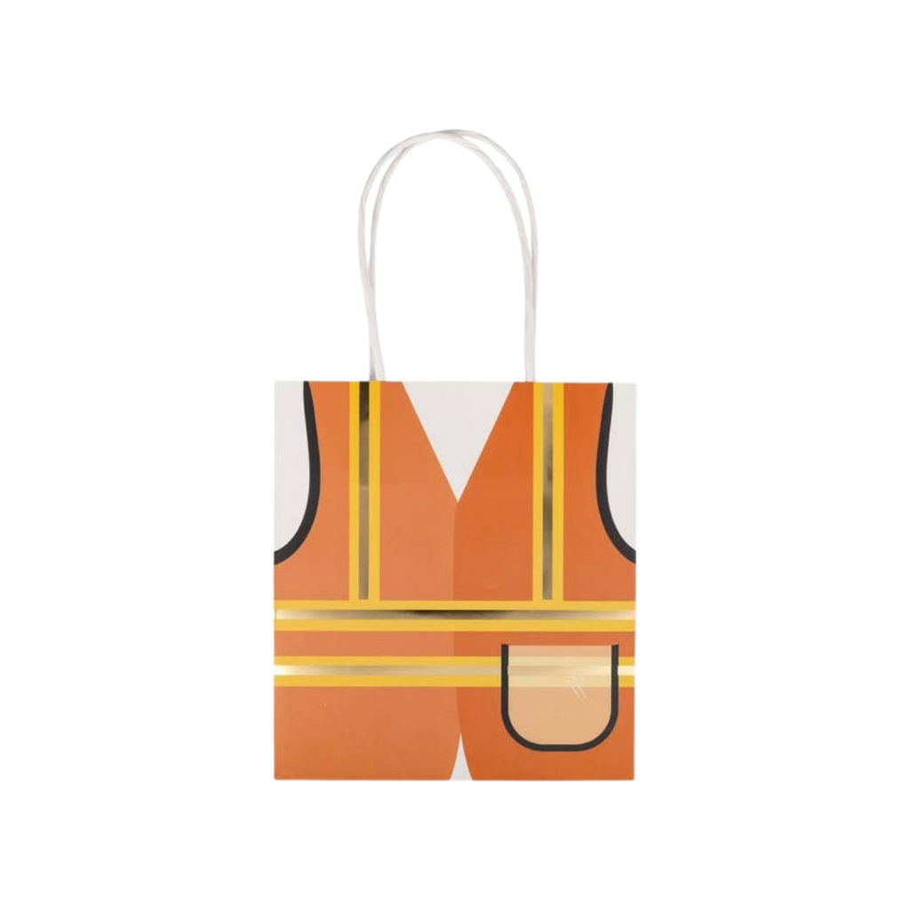 Orange construction worker vest gift bag with handles for construction birthday theme from Parte Haus party supply store in Bethesda MD