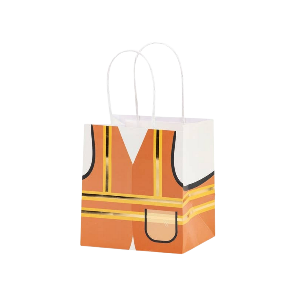 orange construction vest gift bag with white handles construction birthday theme from Parte Haus party supply store in Bethesda MD