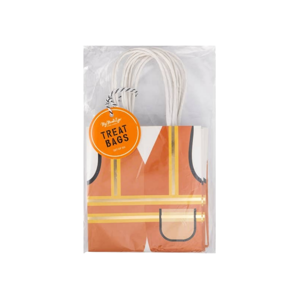 orange construction vest treat bags for construction birthday theme from Parte Haus party supply store in Bethesda MD