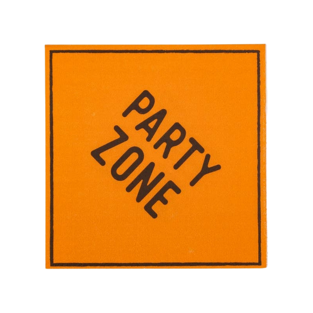 Orange party zone sign with bold black text for celebration theme from Parte Haus party supply store in Bethesda MD