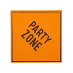 Orange party zone sign with bold black text for celebration theme from Parte Haus party supply store in Bethesda MD