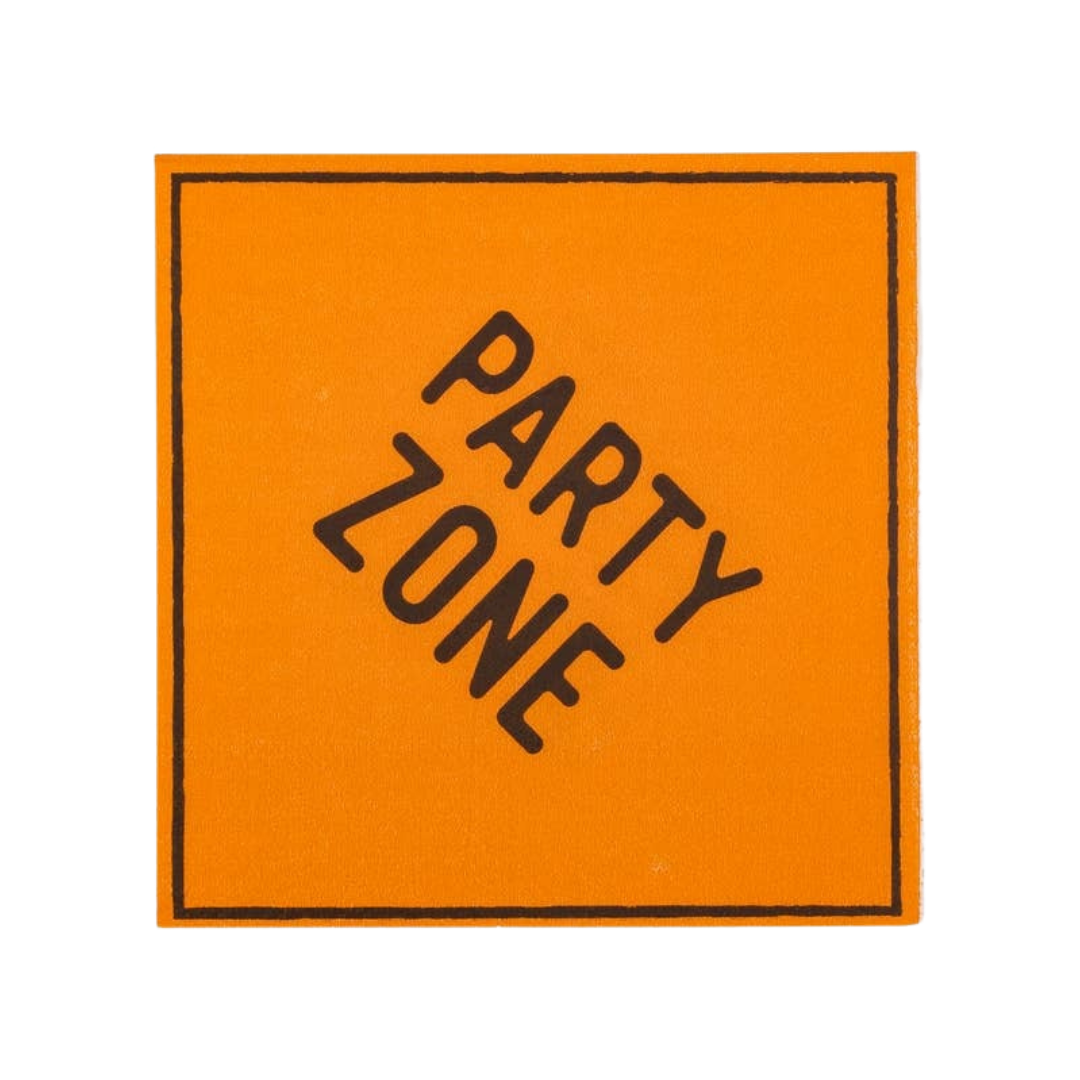 Orange party zone sign with bold black text for celebration theme from Parte Haus party supply store in Bethesda MD