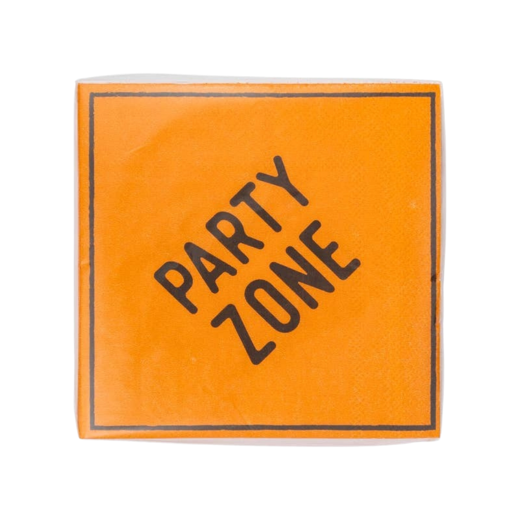 Orange napkin with Party Zone text for birthday celebration from Parte Haus party supply store in Bethesda MD.