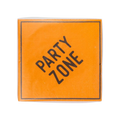 Orange napkin with Party Zone text for birthday celebration from Parte Haus party supply store in Bethesda MD.