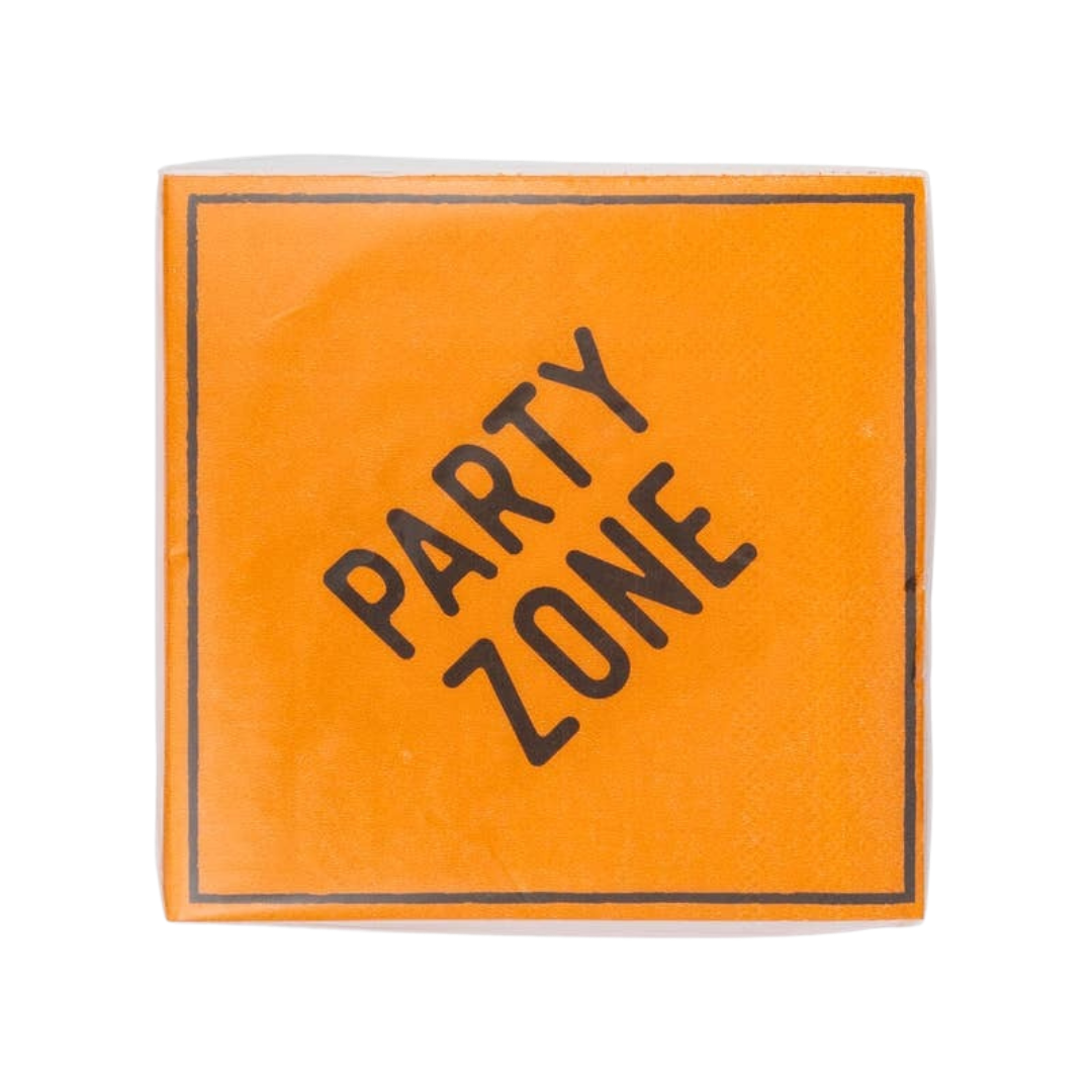 Orange napkin with Party Zone text for birthday celebration from Parte Haus party supply store in Bethesda MD.