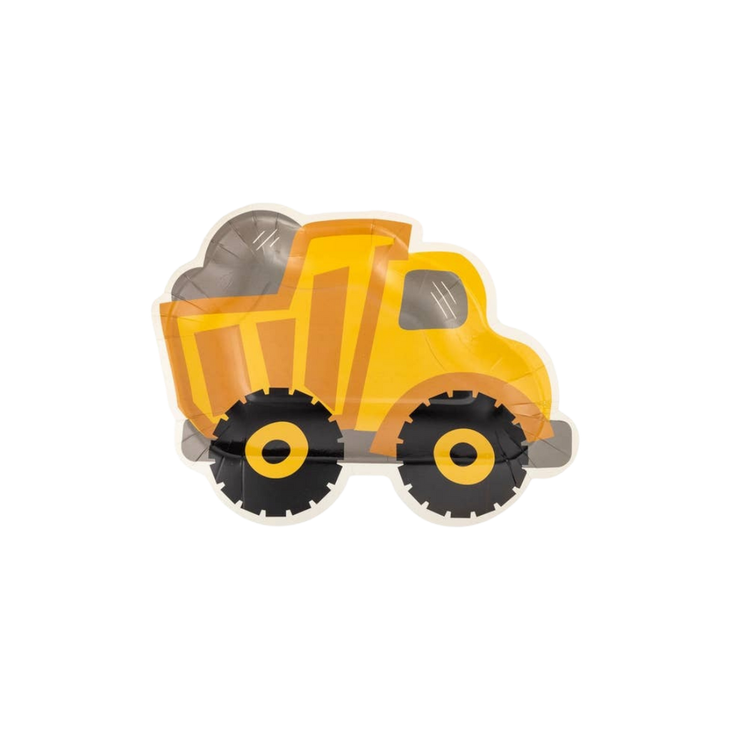 Yellow construction dump truck shaped plate for construction theme from Parte Haus party supply store in Bethesda MD
