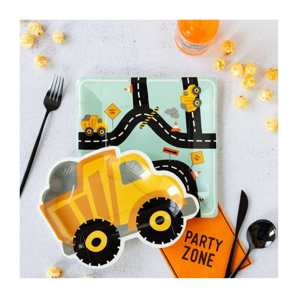 Yellow construction truck paper plate and road map plate for kids birthday from Parte Haus party supply store in Bethesda MD