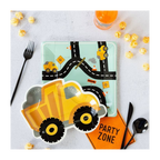 Yellow construction truck paper plate and road map plate for kids birthday from Parte Haus party supply store in Bethesda MD