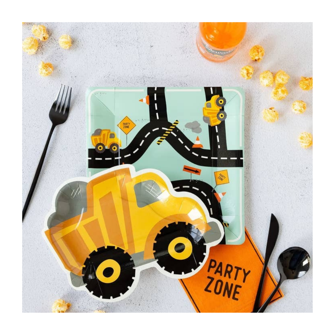 Yellow construction truck paper plate and road map plate for kids birthday from Parte Haus party supply store in Bethesda MD