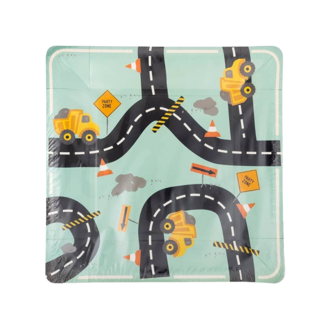 Mint construction themed paper plate with trucks and road design for kids birthday from Parte Haus party supply store in Bethesda MD
